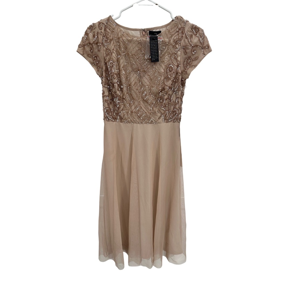 Adrianna Papell Beaded Sequin Short‎ Sleeve Midi Dress Champagne Nude Size 0